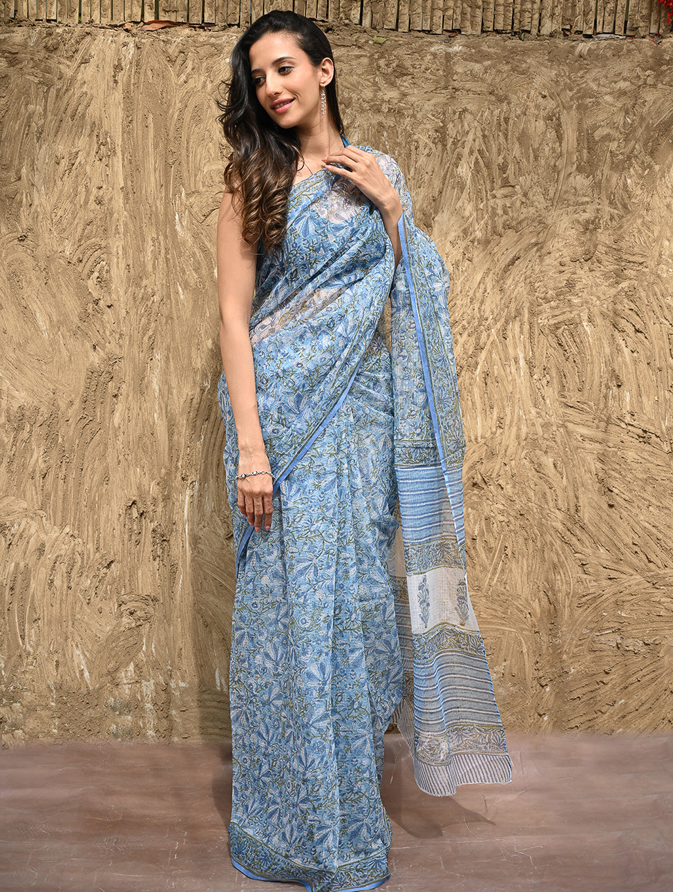 Sanganer Summers : Hand Block Printed Kota Doria Saree - Bel Jarokha