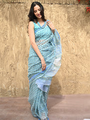 Sanganer Summers : Hand Block Printed Kota Doria Saree - Jal Butti