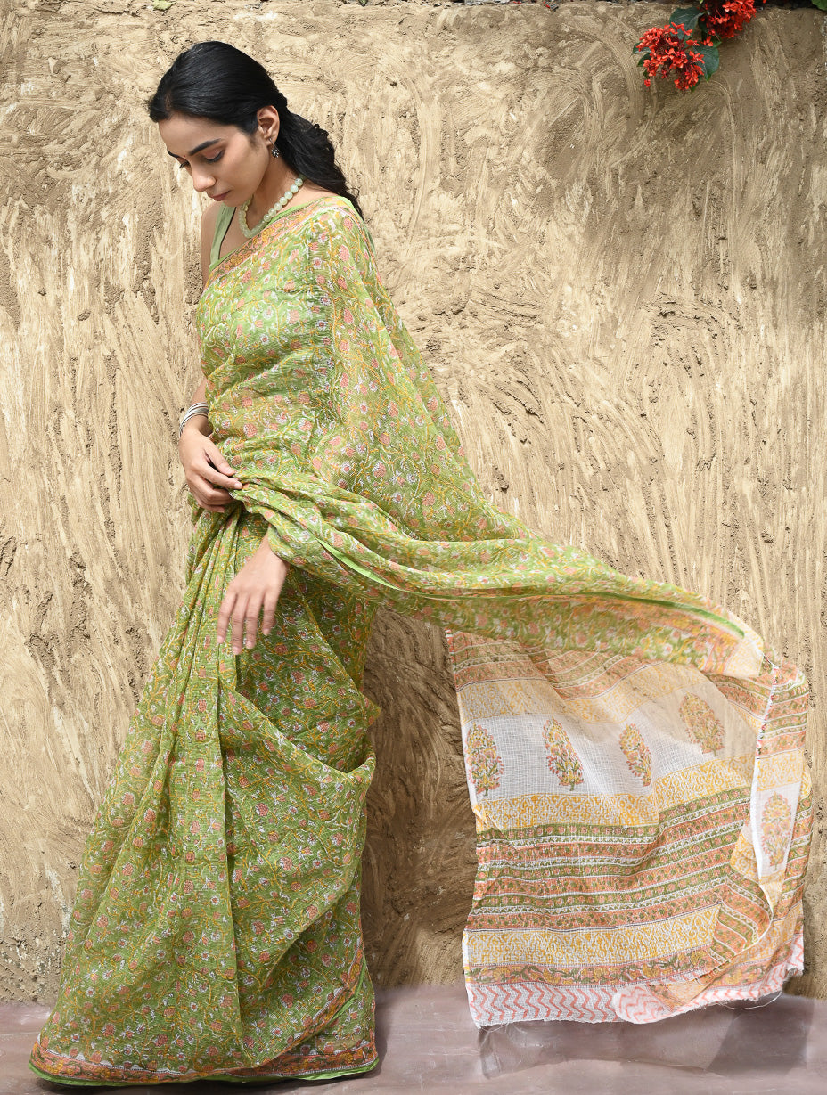 Sanganer Summers : Hand Block Printed Kota Doria Saree - Shalimar Bagh