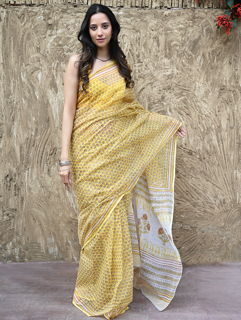 Sanganer Summers : Hand Block Printed Kota Doria Saree - Hald Butaangan