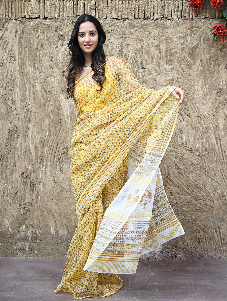 Sanganer Summers : Hand Block Printed Kota Doria Saree - Hald Butaangan