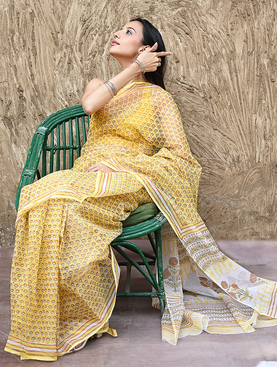 Sanganer Summers : Hand Block Printed Kota Doria Saree - Hald Butaangan