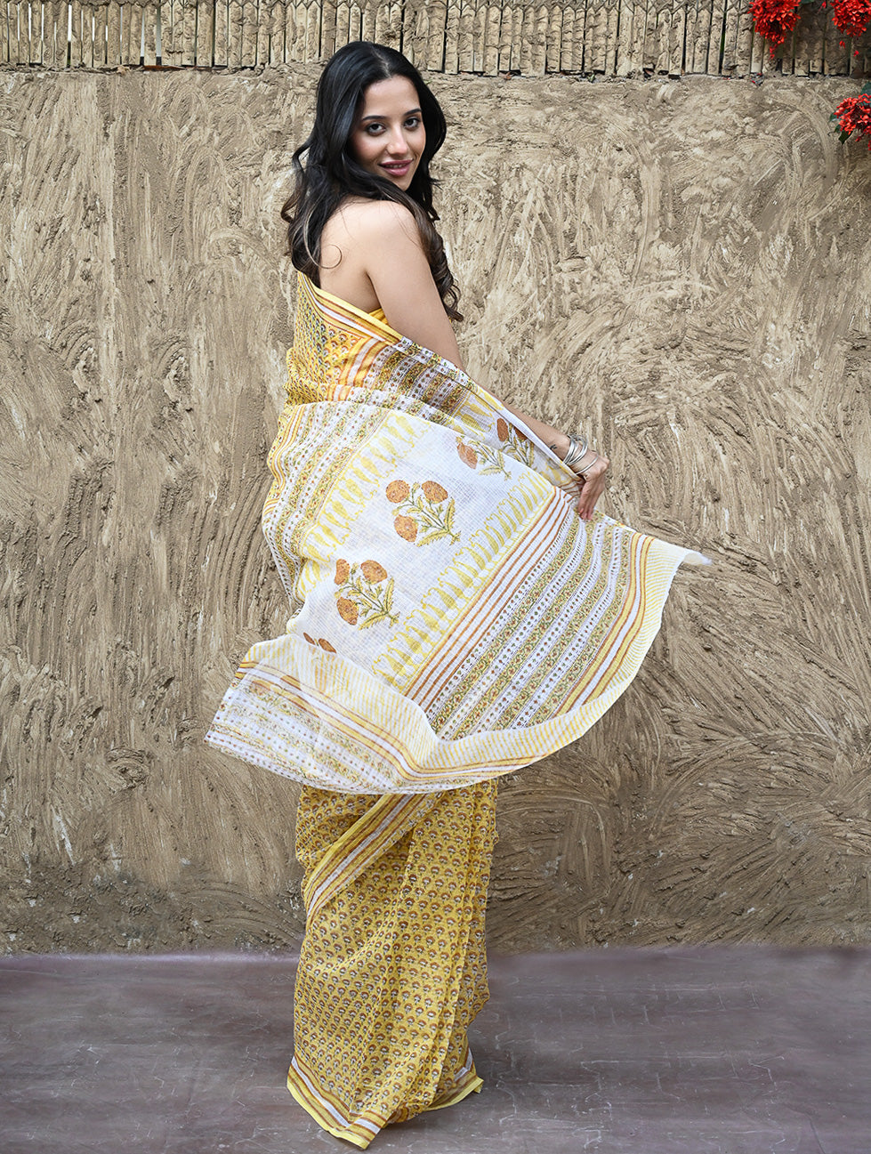 Sanganer Summers : Hand Block Printed Kota Doria Saree - Hald Butaangan