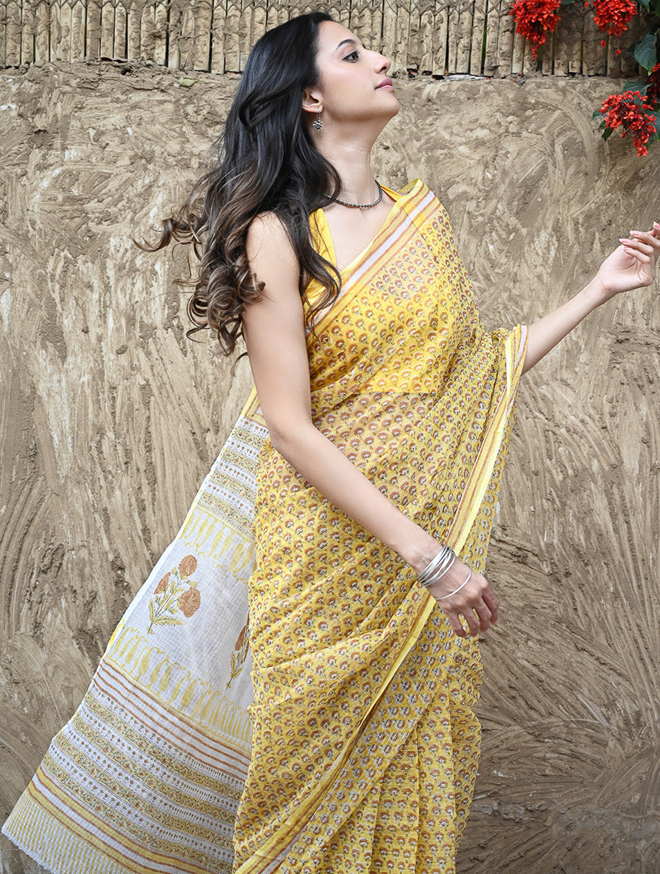 Sanganer Summers : Hand Block Printed Kota Doria Saree - Hald Butaangan