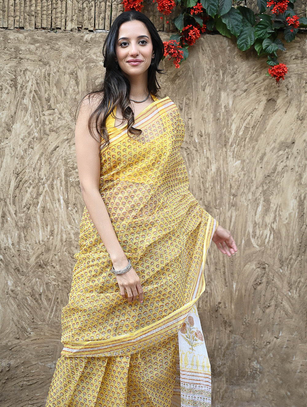 Sanganer Summers : Hand Block Printed Kota Doria Saree - Hald Butaangan