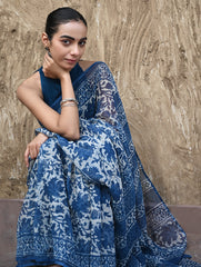 Sanganer Summers : Hand Block Printed Kota Doria Saree - Indigo Maple