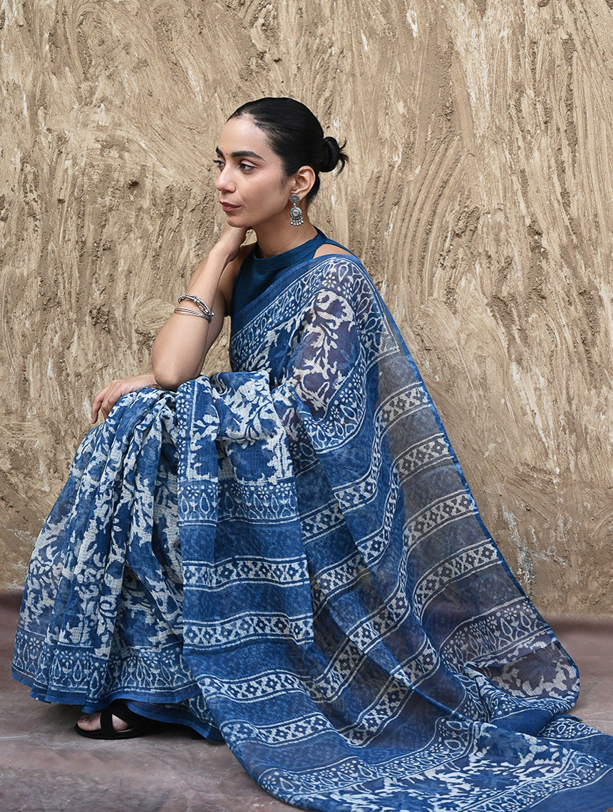Sanganer Summers : Hand Block Printed Kota Doria Saree - Indigo Maple