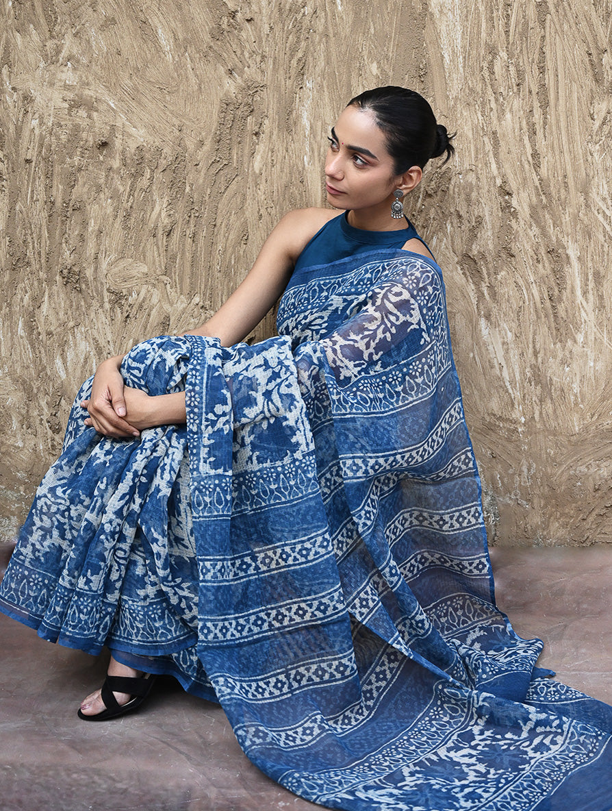 Sanganer Summers : Hand Block Printed Kota Doria Saree - Indigo Maple