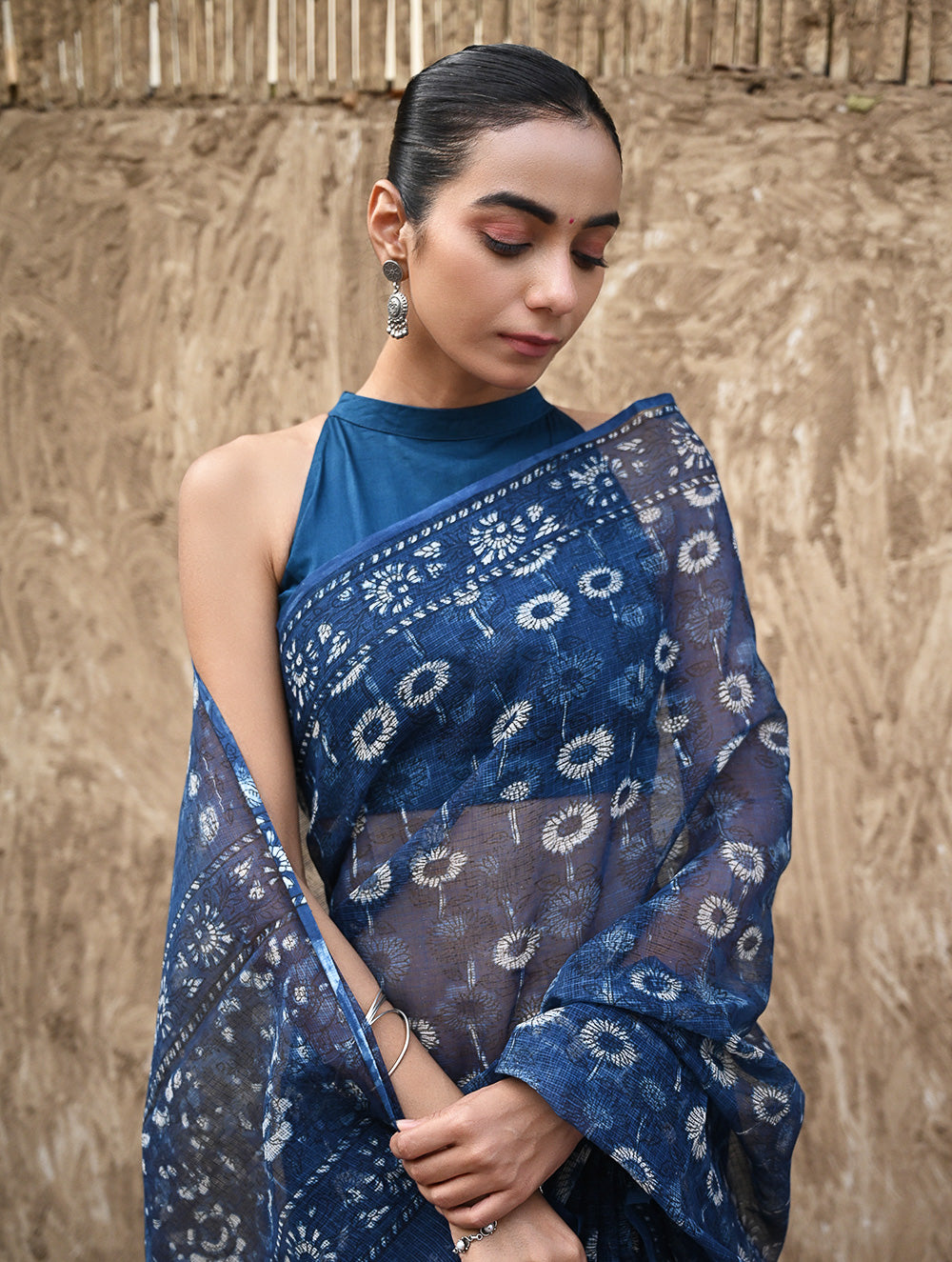 Sanganer Summers : Hand Block Printed Kota Doria Saree - Indigo Daisy Field