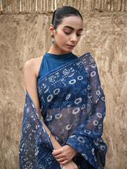 Sanganer Summers : Hand Block Printed Kota Doria Saree - Indigo Daisy Field