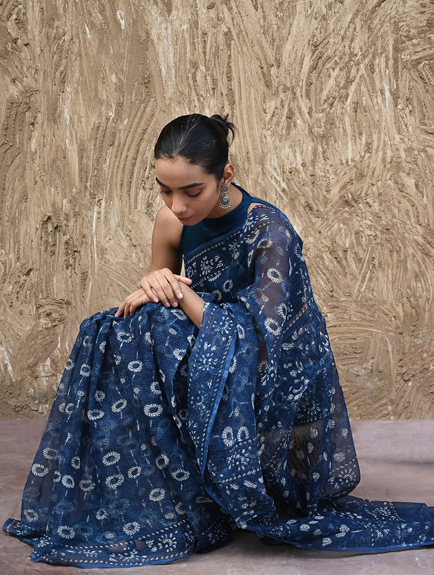 Sanganer Summers : Hand Block Printed Kota Doria Saree - Indigo Daisy Field