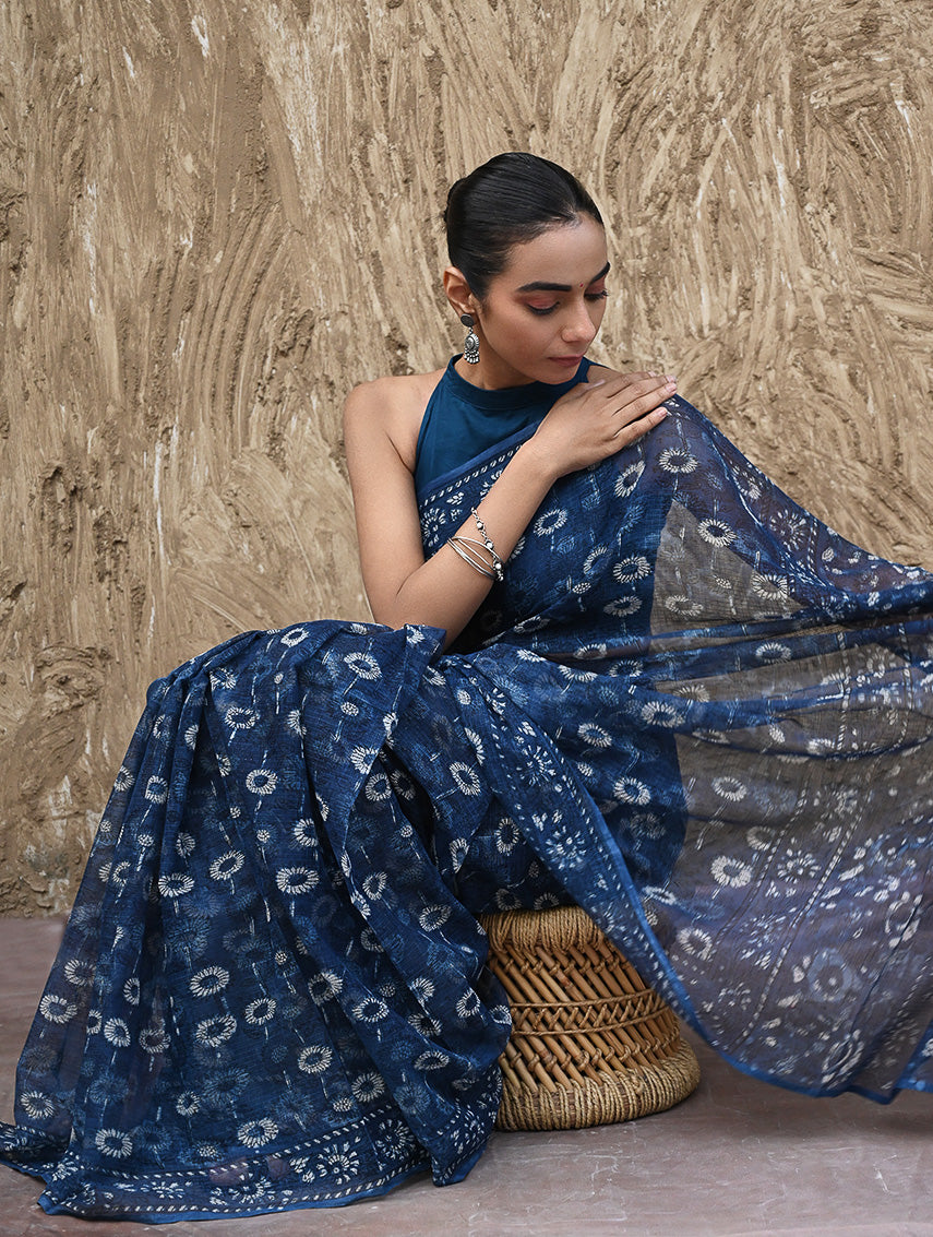 Sanganer Summers : Hand Block Printed Kota Doria Saree - Indigo Daisy Field
