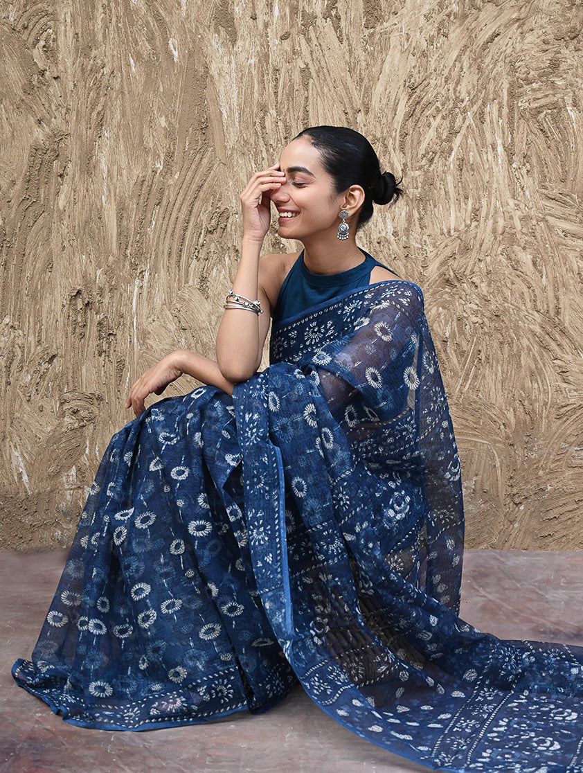 Sanganer Summers : Hand Block Printed Kota Doria Saree - Indigo Daisy Field