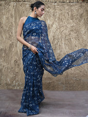 Sanganer Summers : Hand Block Printed Kota Doria Saree - Indigo Daisy Field