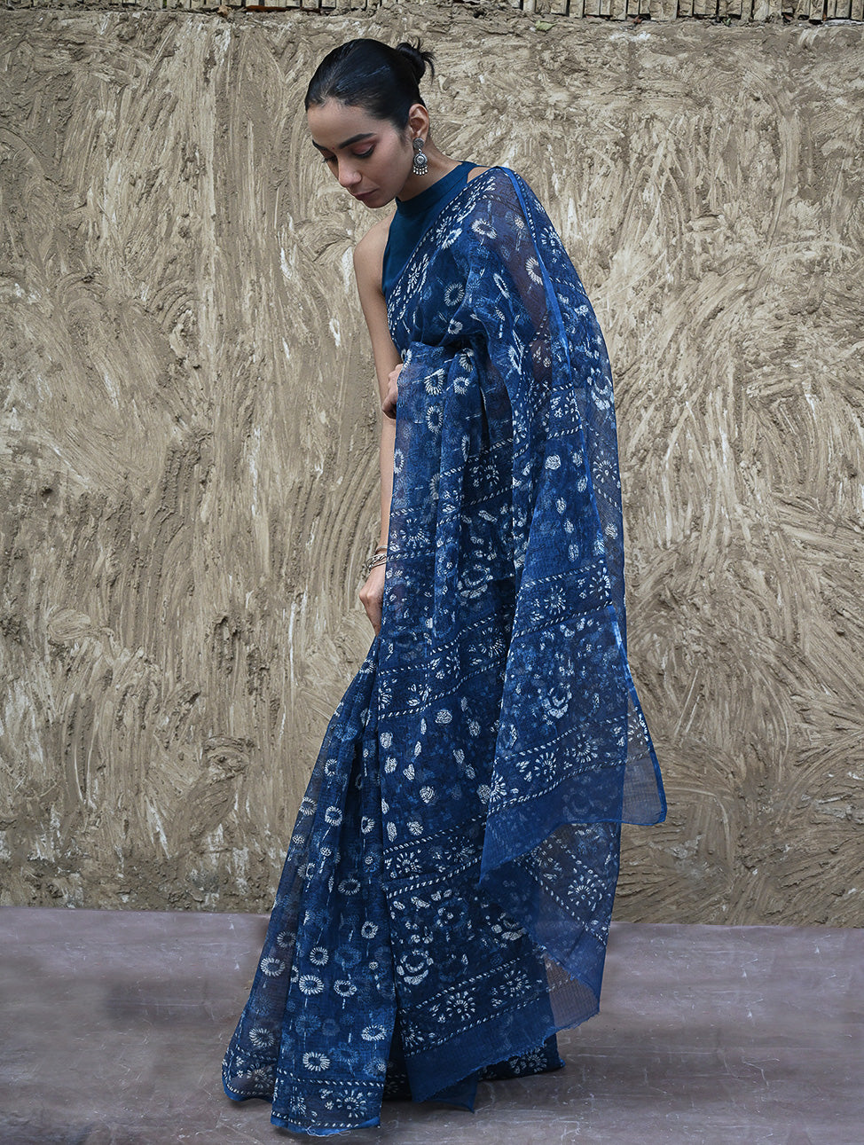 Sanganer Summers : Hand Block Printed Kota Doria Saree - Indigo Daisy Field
