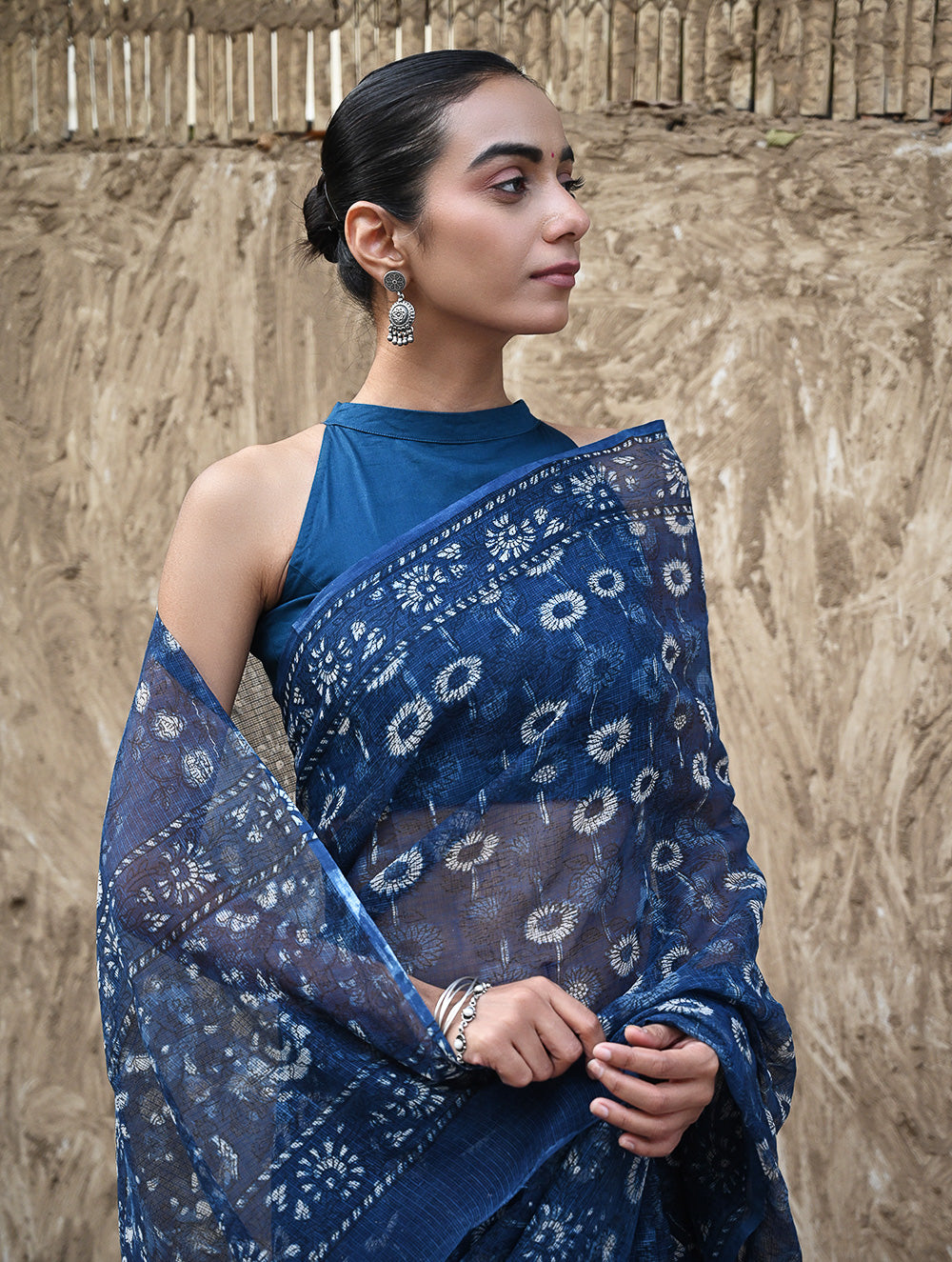 Sanganer Summers : Hand Block Printed Kota Doria Saree - Indigo Daisy Field