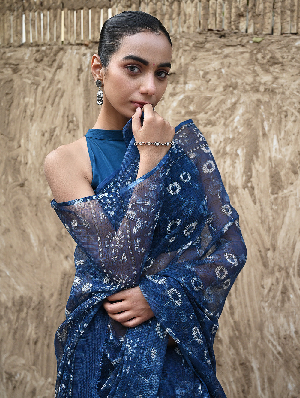 Sanganer Summers : Hand Block Printed Kota Doria Saree - Indigo Daisy Field