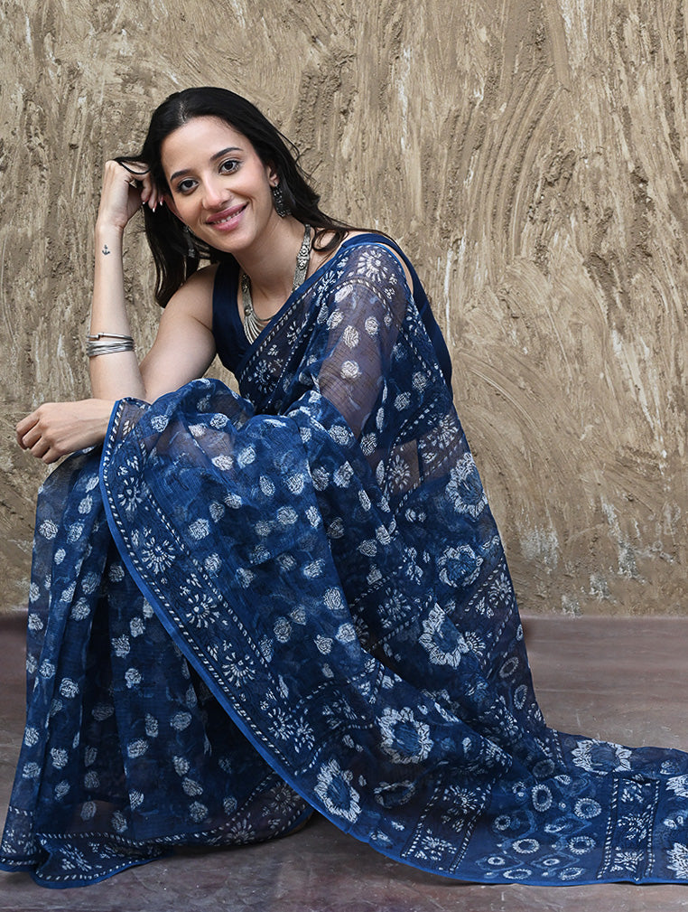 Sanganer Summers : Hand Block Printed Kota Doria Saree - Indigo Roses