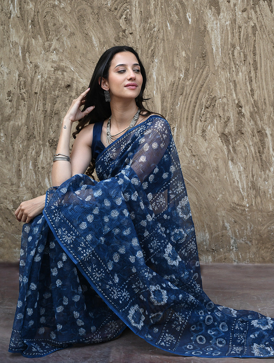 Sanganer Summers : Hand Block Printed Kota Doria Saree - Indigo Roses