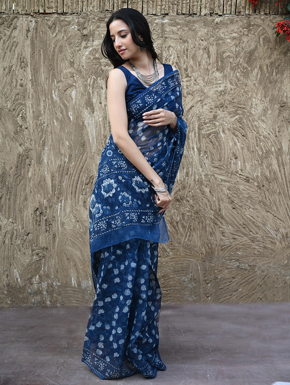 Sanganer Summers : Hand Block Printed Kota Doria Saree - Indigo Roses