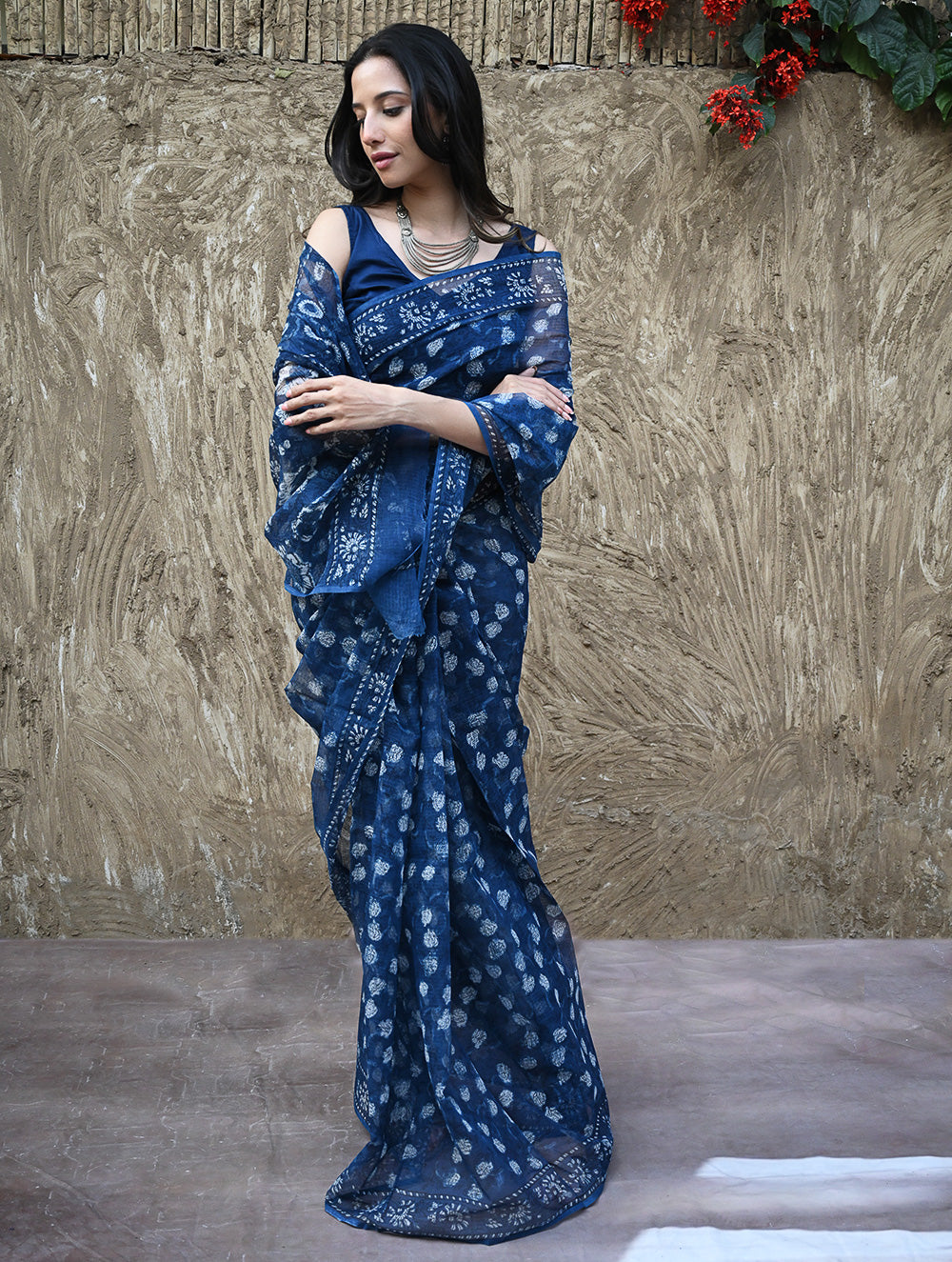 Sanganer Summers : Hand Block Printed Kota Doria Saree - Indigo Roses