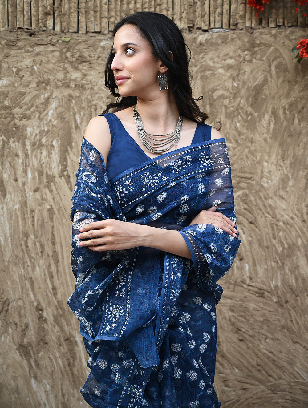 Sanganer Summers : Hand Block Printed Kota Doria Saree - Indigo Roses