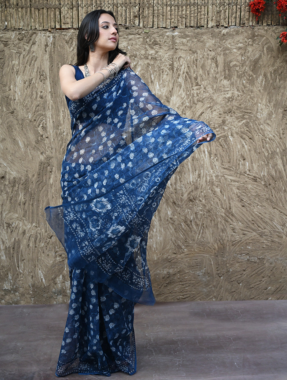 Sanganer Summers : Hand Block Printed Kota Doria Saree - Indigo Roses