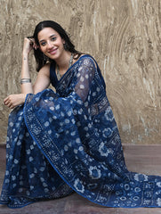 Sanganer Summers : Hand Block Printed Kota Doria Saree - Indigo Roses