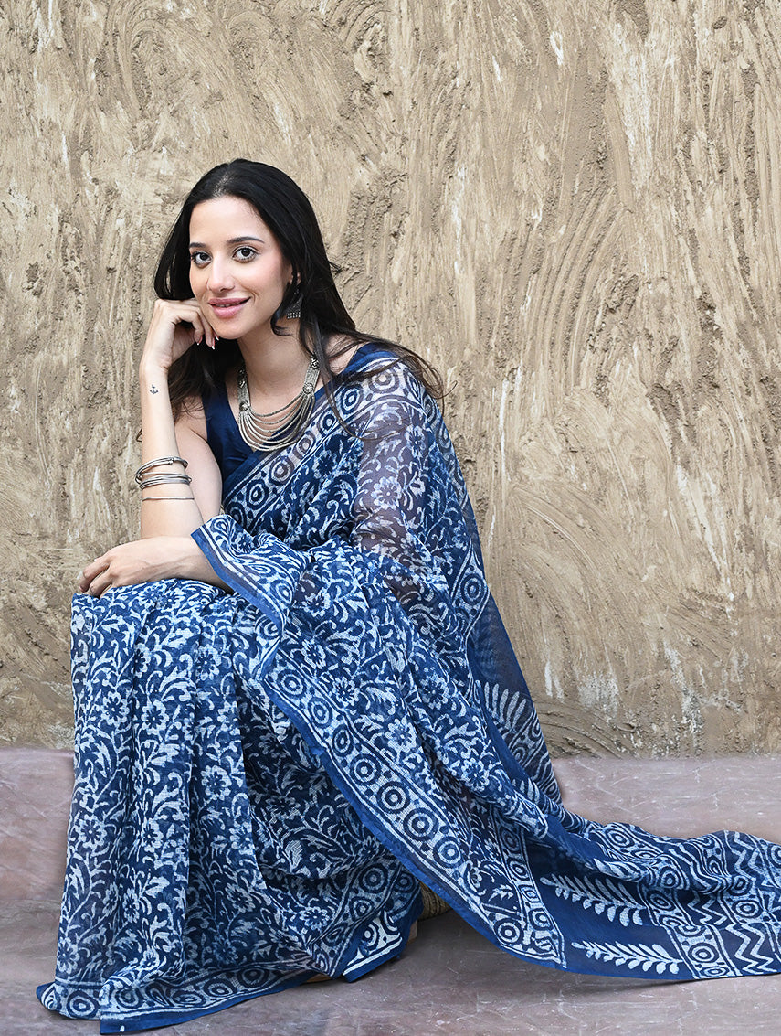 Sanganer Summers : Hand Block Printed Kota Doria Saree - Indigo Kairi