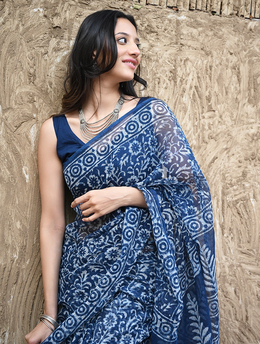 Sanganer Summers : Hand Block Printed Kota Doria Saree - Indigo Kairi