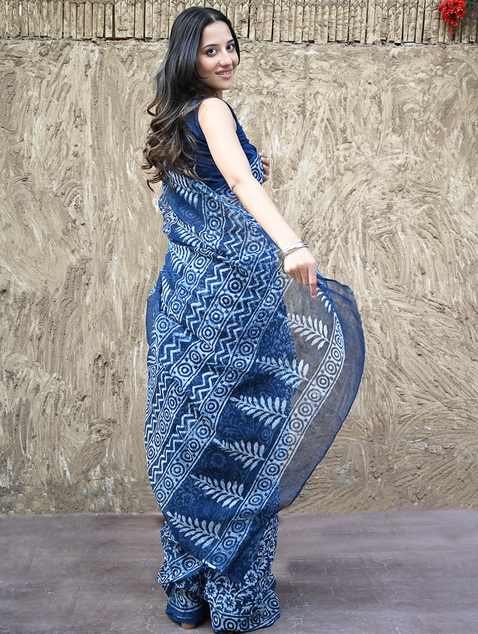 Sanganer Summers : Hand Block Printed Kota Doria Saree - Indigo Kairi