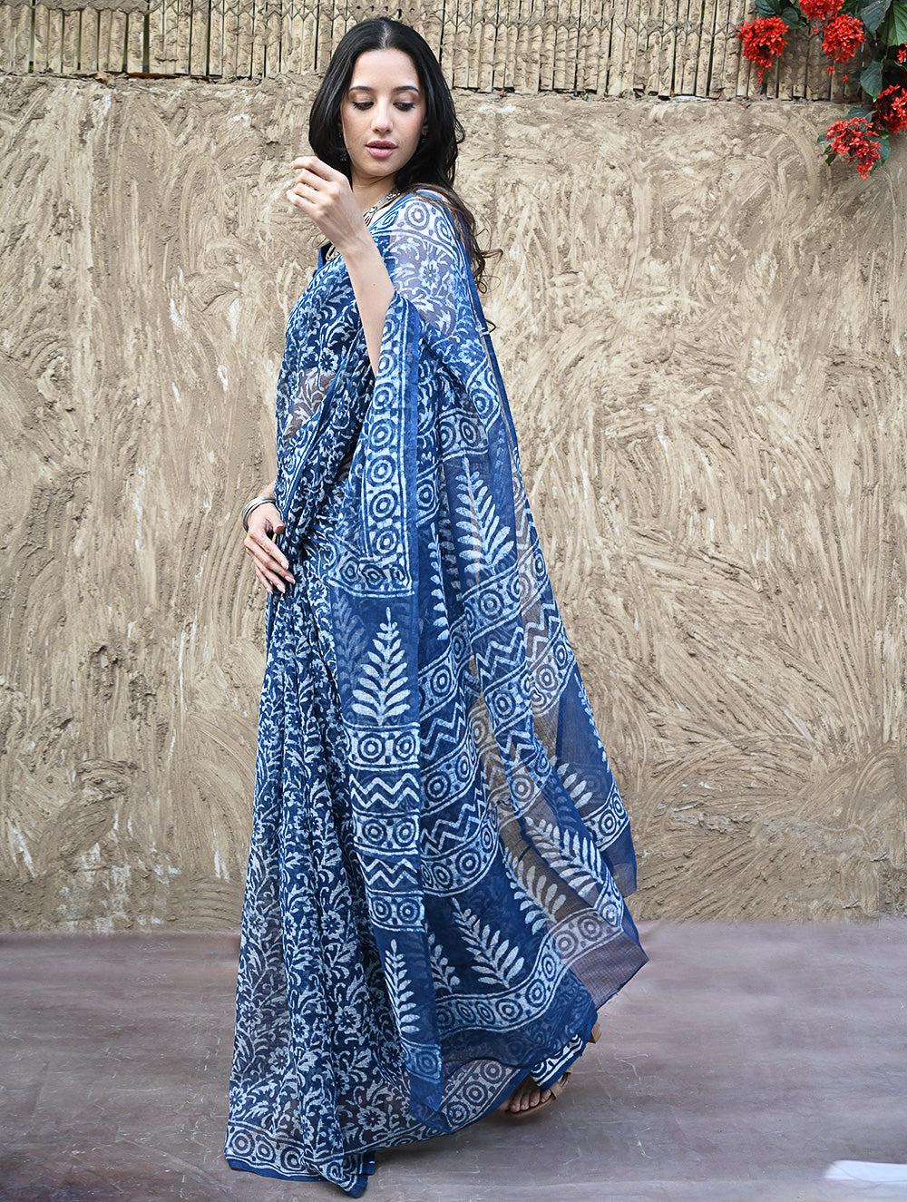 Sanganer Summers : Hand Block Printed Kota Doria Saree - Indigo Kairi