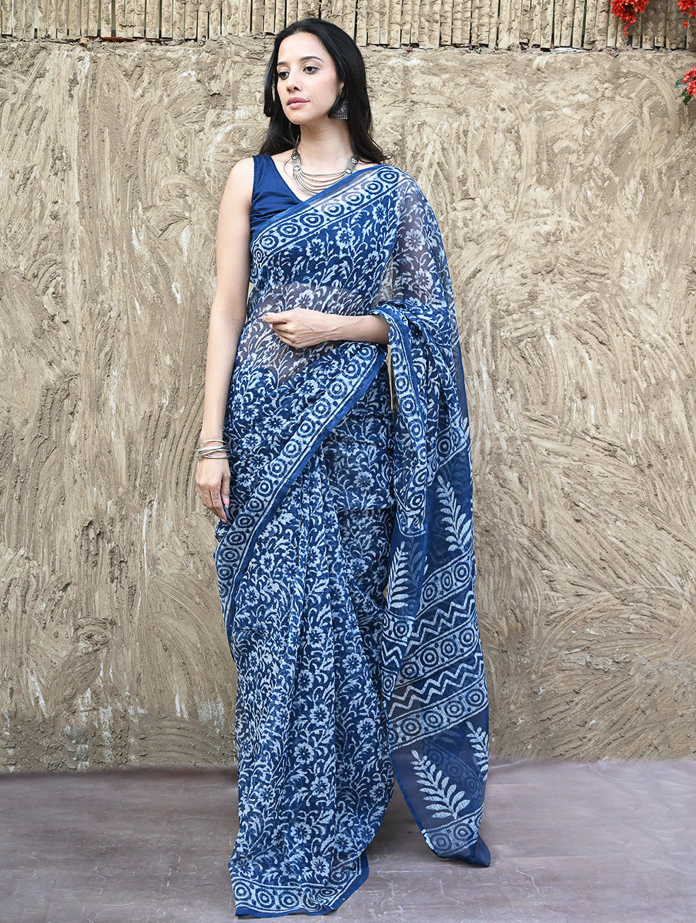 Sanganer Summers : Hand Block Printed Kota Doria Saree - Indigo Kairi