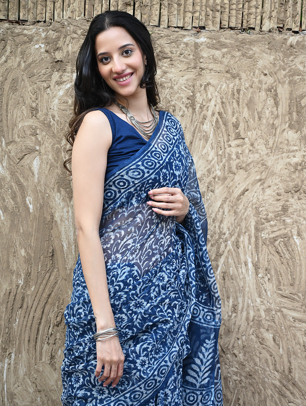 Sanganer Summers : Hand Block Printed Kota Doria Saree - Indigo Kairi
