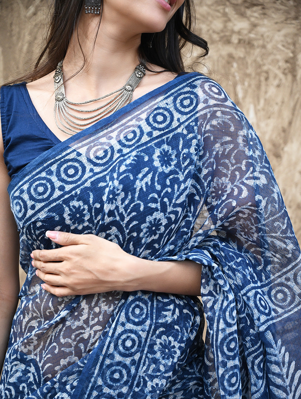 Sanganer Summers : Hand Block Printed Kota Doria Saree - Indigo Kairi