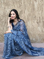 Sanganer Summers : Hand Block Printed Kota Doria Saree - Indigo Kairi