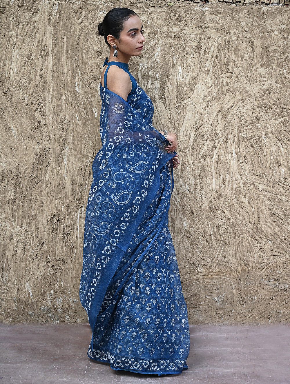 Sanganer Summers : Hand Block Printed Kota Doria Saree - Indigo Bouquet