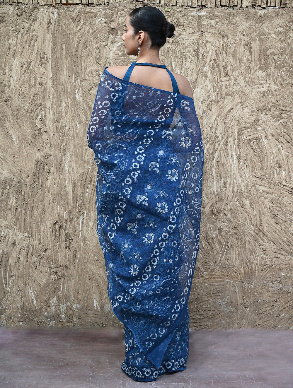 Sanganer Summers : Hand Block Printed Kota Doria Saree - Indigo Bouquet