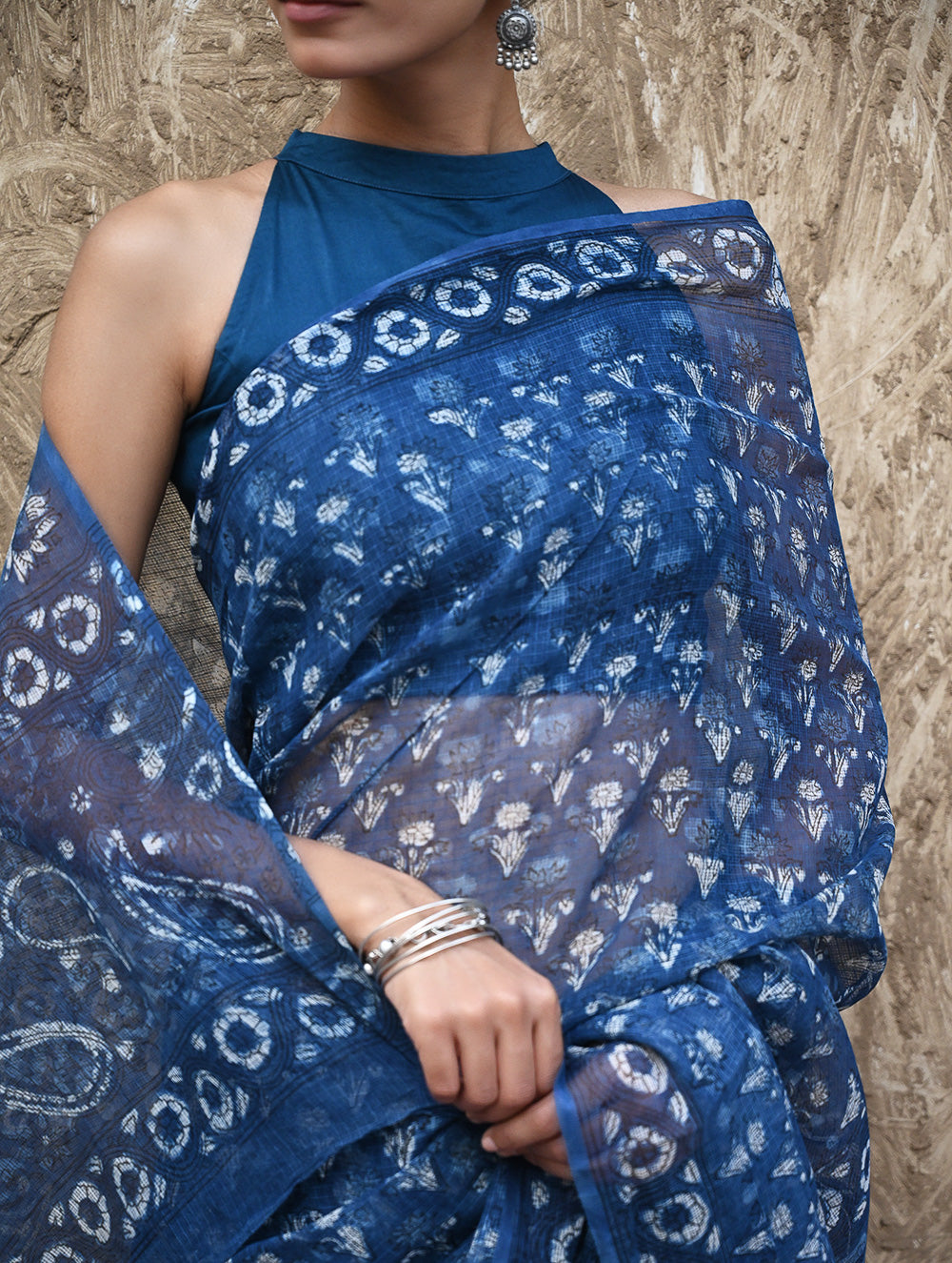 Sanganer Summers : Hand Block Printed Kota Doria Saree - Indigo Bouquet