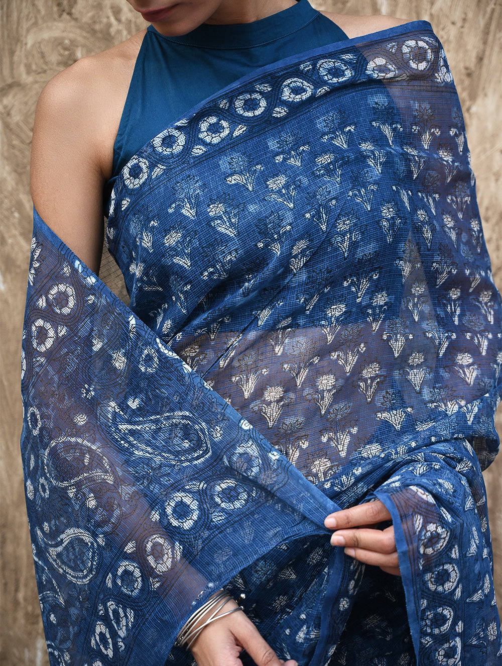 Sanganer Summers : Hand Block Printed Kota Doria Saree - Indigo Bouquet