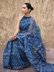 Sanganer Summers : Hand Block Printed Kota Doria Saree - Indigo Bouquet