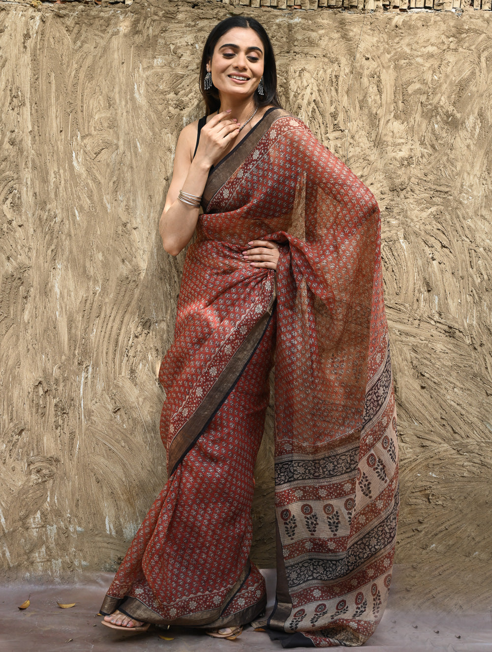 Bagru Statements : Hand Block Printed Silk Kota Doria Saree - Kesar Baag 