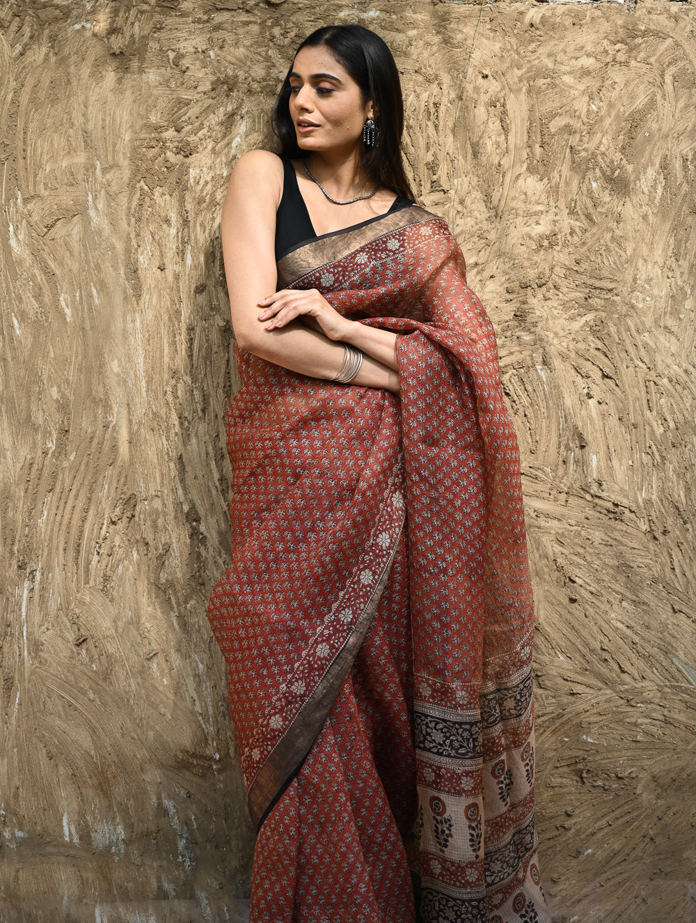 Bagru Statements : Hand Block Printed Silk Kota Doria Saree - Kesar Baag 