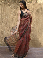 Bagru Statements : Hand Block Printed Silk Kota Doria Saree - Kesar Baag 