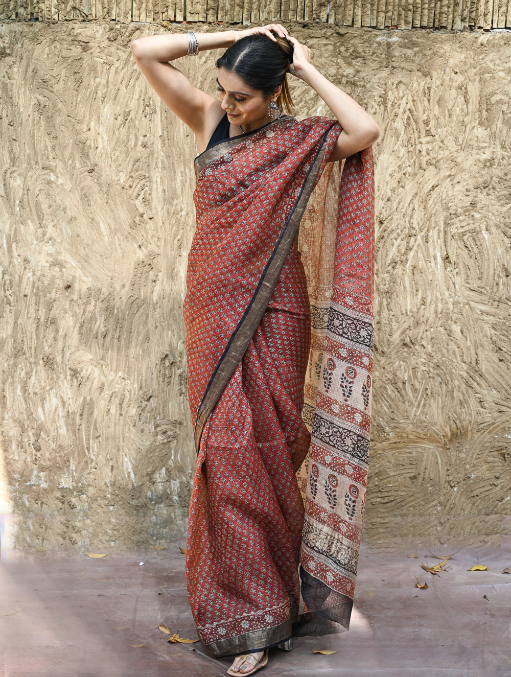 Bagru Statements : Hand Block Printed Silk Kota Doria Saree - Kesar Baag 