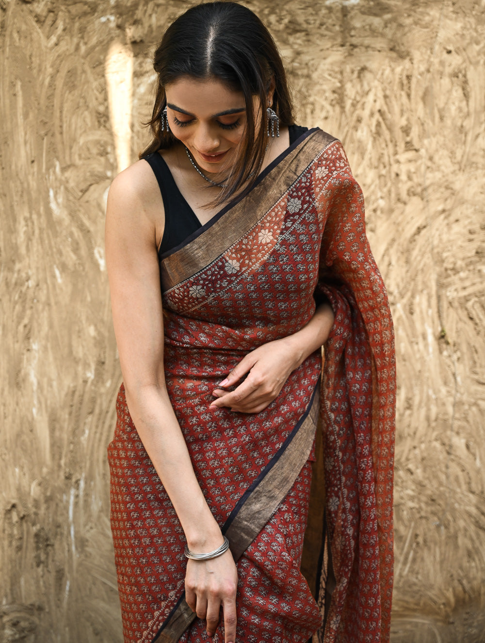 Bagru Statements : Hand Block Printed Silk Kota Doria Saree - Kesar Baag 