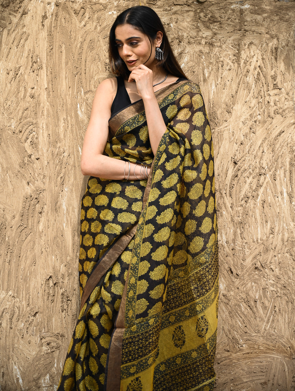 Bagru Statements : Hand Block Printed Silk Kota Doria Saree - Sunehri Baag
