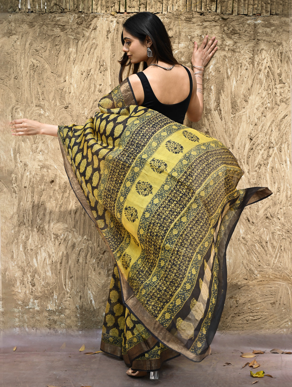 Bagru Statements : Hand Block Printed Silk Kota Doria Saree - Sunehri Baag