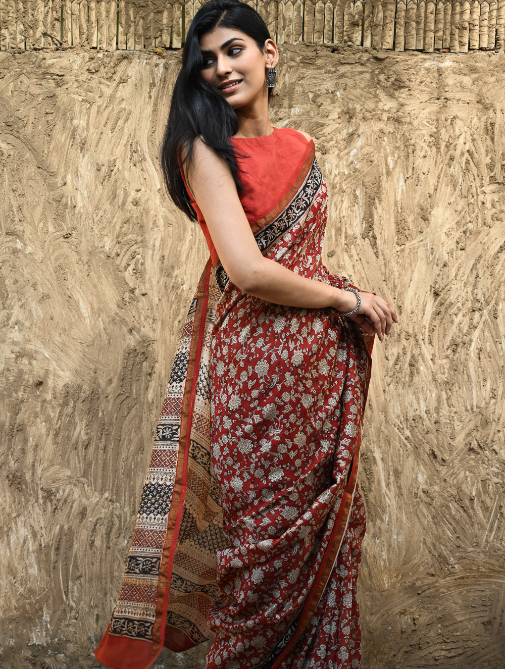 Bagru Statements : Hand Block Printed Chanderi Saree - Pushpa Jaal