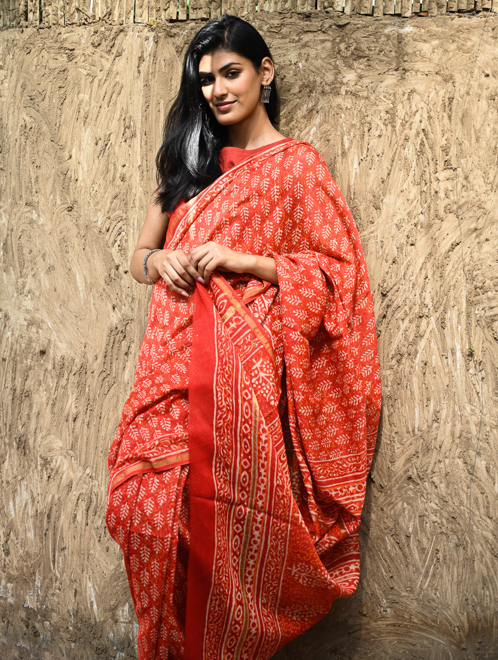 Dabu Vibes : Hand Block Printed Chanderi Saree - Agni Pallav